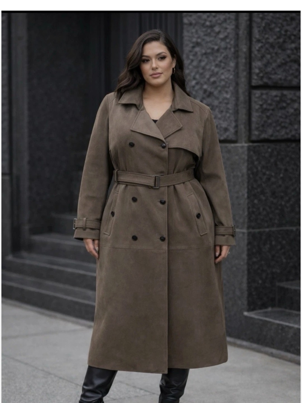 Ashley Graham Taupe-Brown Double-Breasted Faux Suede Trench Coat with Belt
